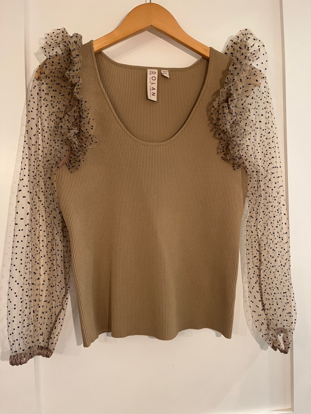 dolan Tan Ribbed Top with Polka-Dot Sheer Puff Sleeves